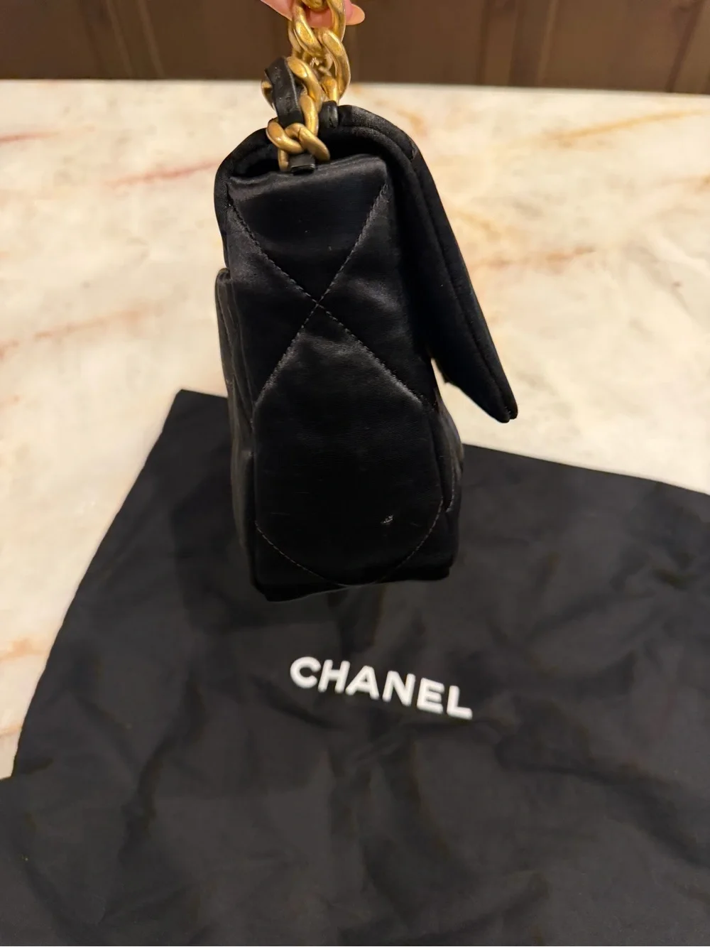 Chanel 19 - medium, satin Black, mixed hardware.